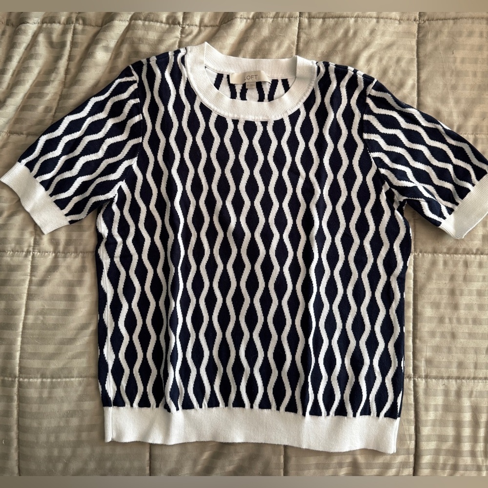 Loft Blue and White Wave Short Sleeve Sweater